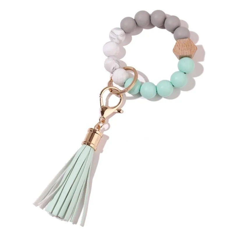 Party Silicone Wooden Beads Keychain Suede Tassel Bracelet Keyring Anti-lost Bangle Key Ring for Home Wood Beaded Crafts Car Decoration Pendant