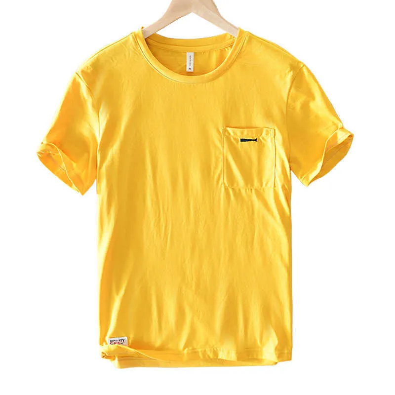 O-Neck Kortärmad T-shirts för män Lösa Casual Gul Toppar Tees Bröstplåster Ficka 100% Ren bomull Mäns Mode Kläder 210601
