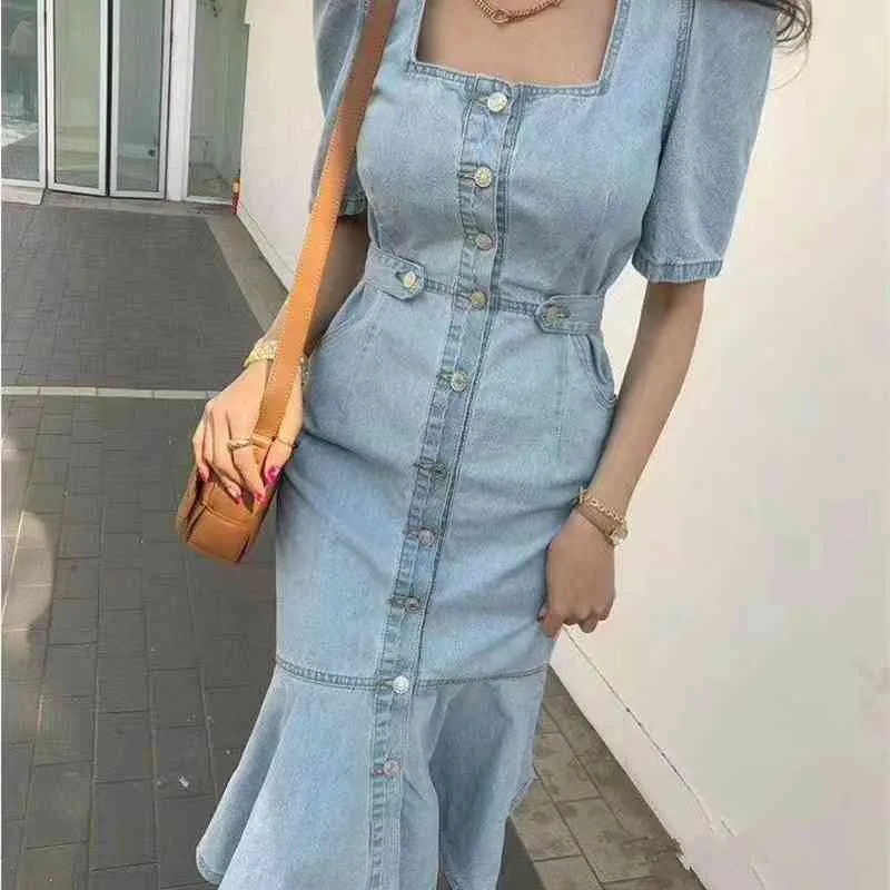 Women Denim Dress Summer Casual Vintage Office Chic Single-Breasted Sexy Split Street Fashion Long 210520