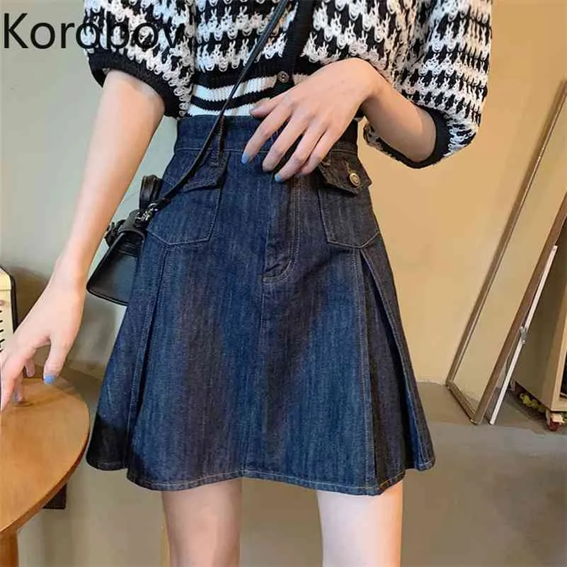 Korobov Frauen Denim Röcke Neue Hohe Taille A-Line Taschen Faldas Mujer Adrette Koreanische Chic Falten Rock 210430