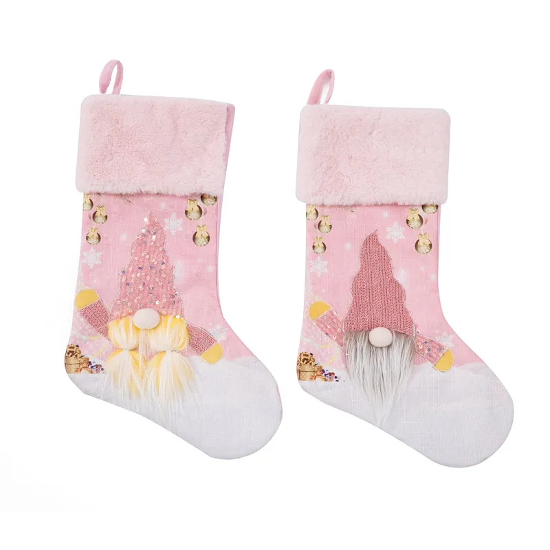 Christmas Stockings with Light Large Pink Gift Bag Xmas Tree Fireplace Hanging Ornaments Holiday Decorations XBJK2108