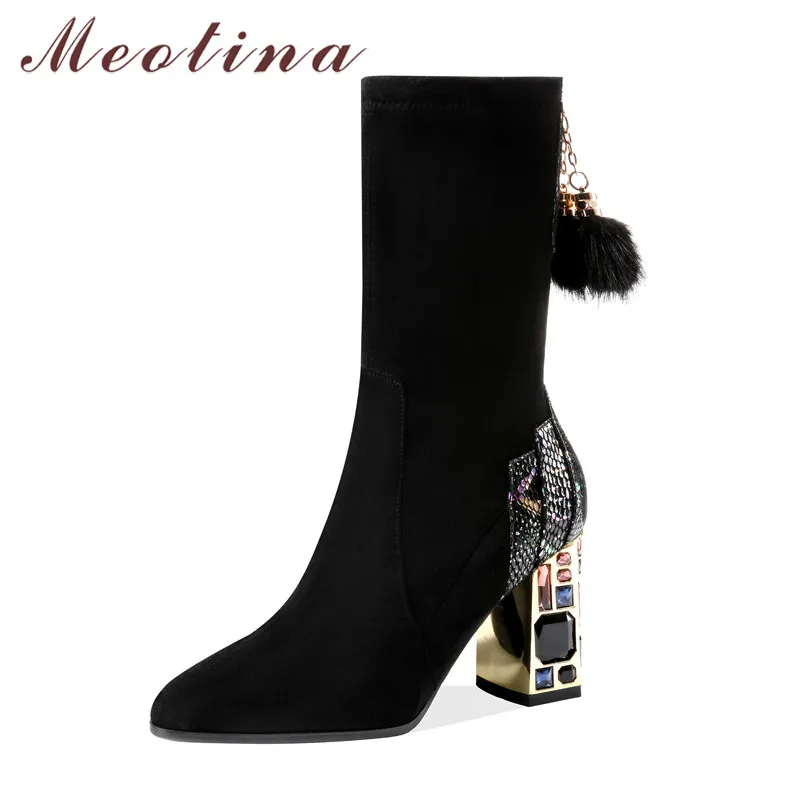 Meotina Real Leather High Heel Mid Calf Boots Kvinnor Skor Pekade Toe Crystal Block Heels Zip Cow Suede Lady Boots Höst Vinter 210520