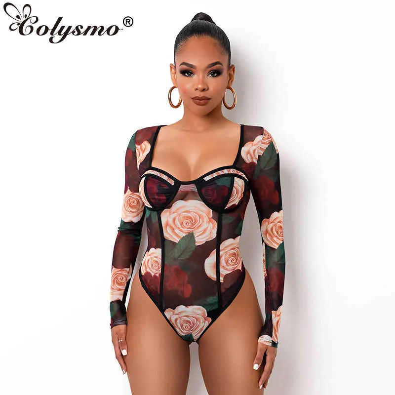 ColySmo manga comprida Bodysuit impresso quadrado pescoço oco ver através de malha top mulheres casuais festa clube sexy romper 210527