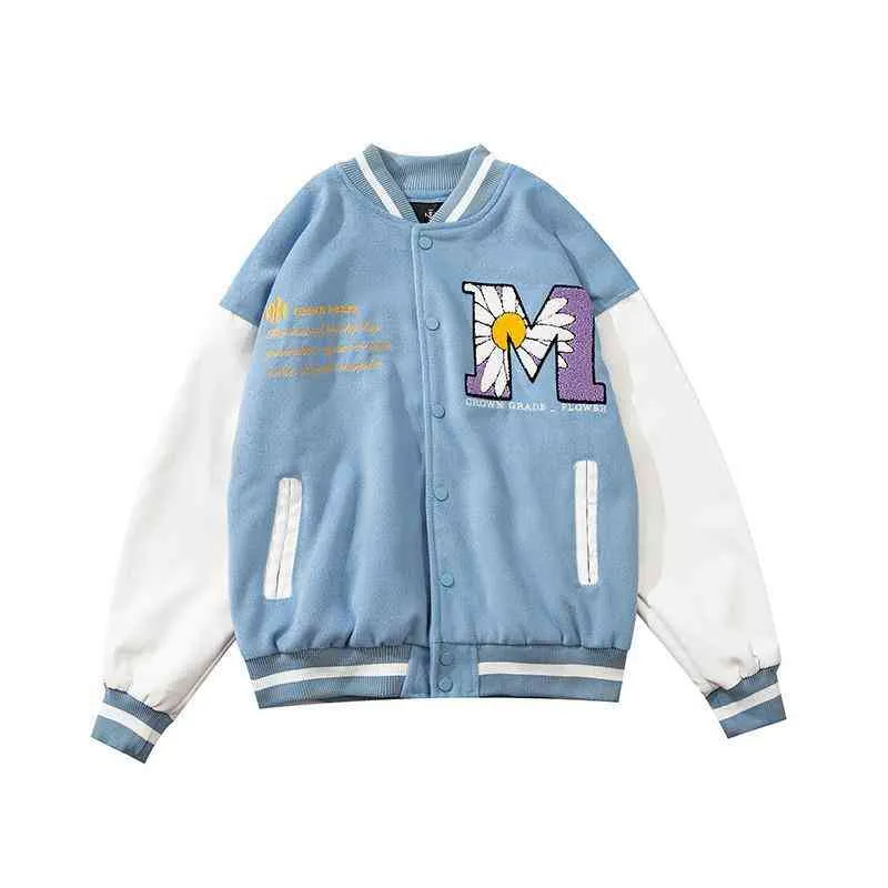 Hip-Hop Patchwork Baseball Jacket Mens Letter Daisy Blommor Patch Läder Bomber Jackor Kvinnor Höst Oversized Streetwear Coats