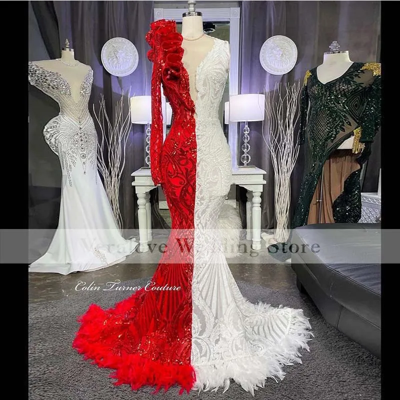 VERALOVE Long Sleeves Sequins Prom Dress Mermaid White and Red 2021 African Formal Party Gown robes de soiree