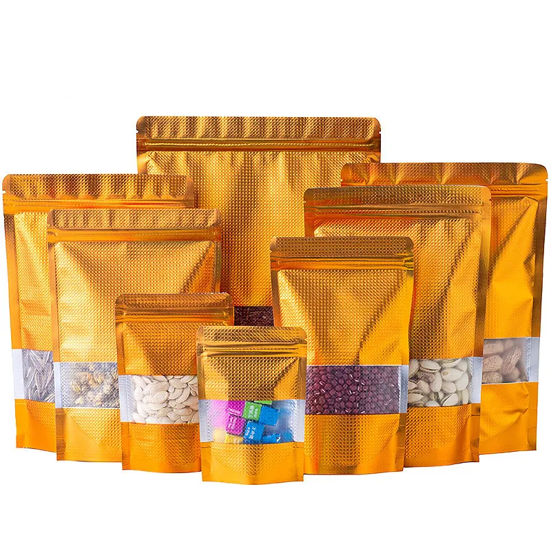 En relief jusqu'à 100 pcs support doré feuille d'aluminium fenêtre fermeture éclair sac Doypack refermable chocolat café biscuits collation sel nourriture pour animaux de compagnie d'étanchéité sachets d'emballage