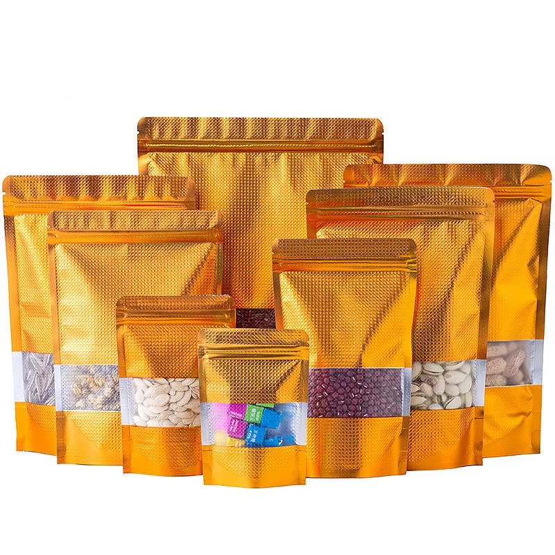 100 stks Stand up Reliëf Goud Aluminiumfolie Raam Rits Zak Doypack Hersluitbare Chocolade Koffie Biscuits Snack Zout Huisdier Voedsel Heat Sealing Verpakking Pouches