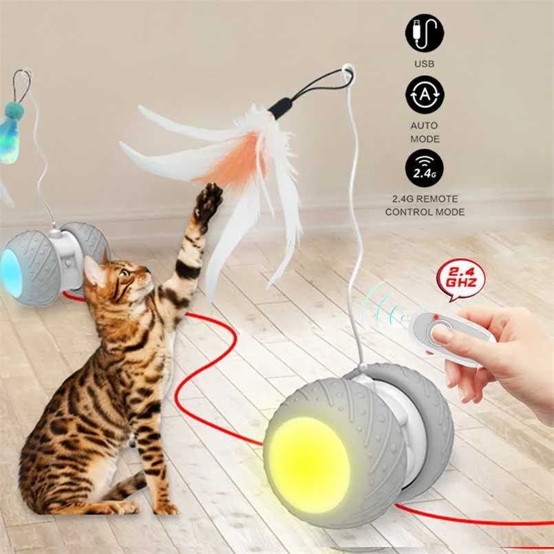 Télécommande électronique interactif chat jouets intelligence rotation plume jouet automatique LED robotique pour chaton 211122