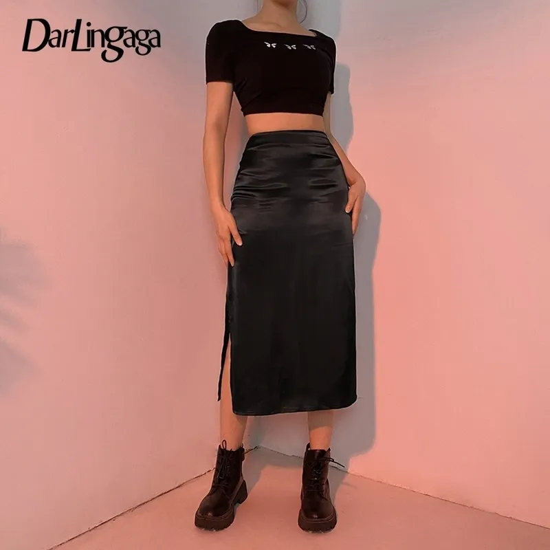 Vintage Bruine Hoge Taille Rok Vrouwelijke Harajuku Satijn Lange Zijsplit Dames Zomer Gothic Kleding W220314