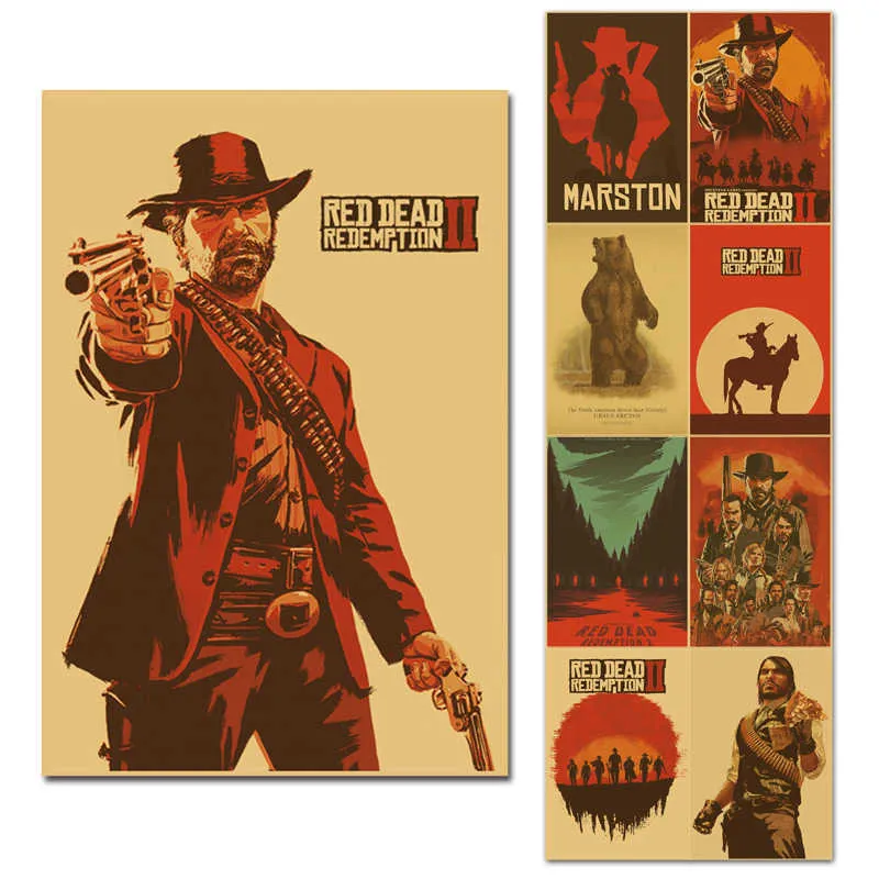 Red Dead Redemption 2 Game Poster Home Decor 30x45cm Retro Big KraftpaperStyle Wall Posters Vintage Internet Cafe Bar Decoration C0929
