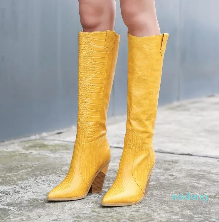 Small big size 33 to 42 to 46 trendy womens knee high cowboy boots pointed chunky heel designer shoes 2021