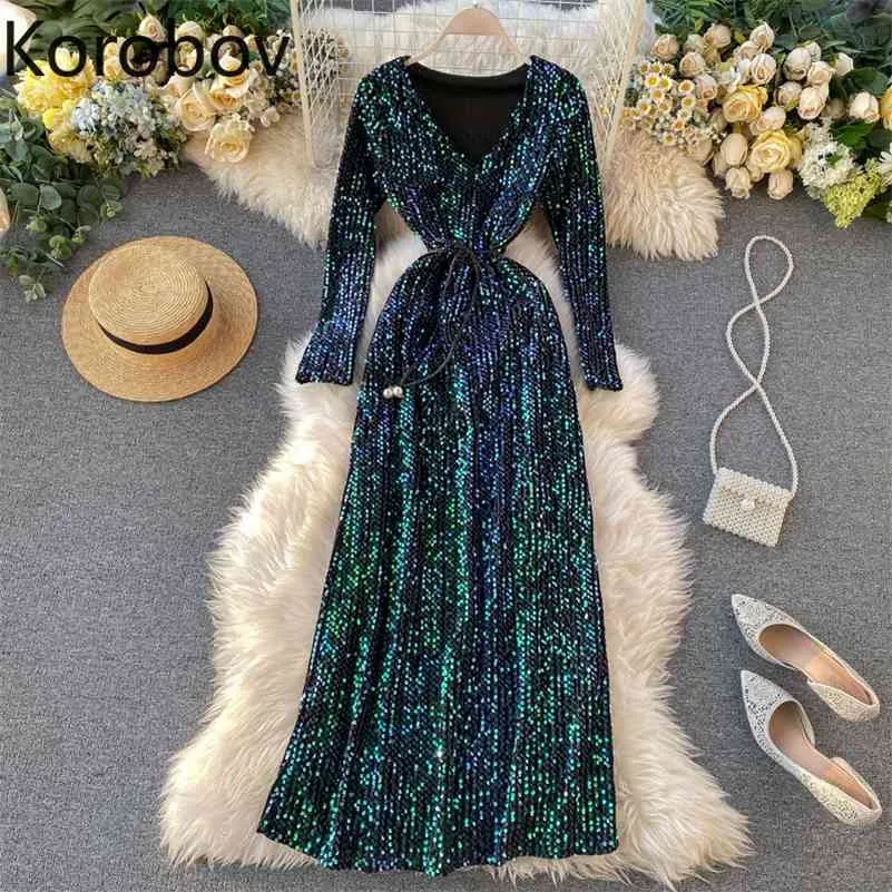 Korobov sommar ny fest natt klänningar mode sequined v neck sexig elegant klänning långärmad slim vestidos 79613 210430