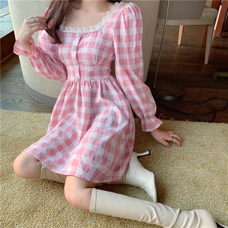 kawaii pink gingham dress THE NELLIE IN Large The classic gingham pattern brings a playful Unique Vintage Plus Size Pink