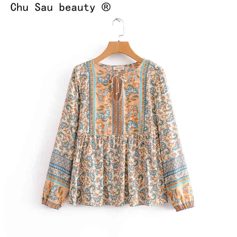 Chu Sau Schönheit Boho Blumendruck Blusen Frauen Urlaub Stil Mode Langarmshirts Weiblich Camisa De Moda 210508