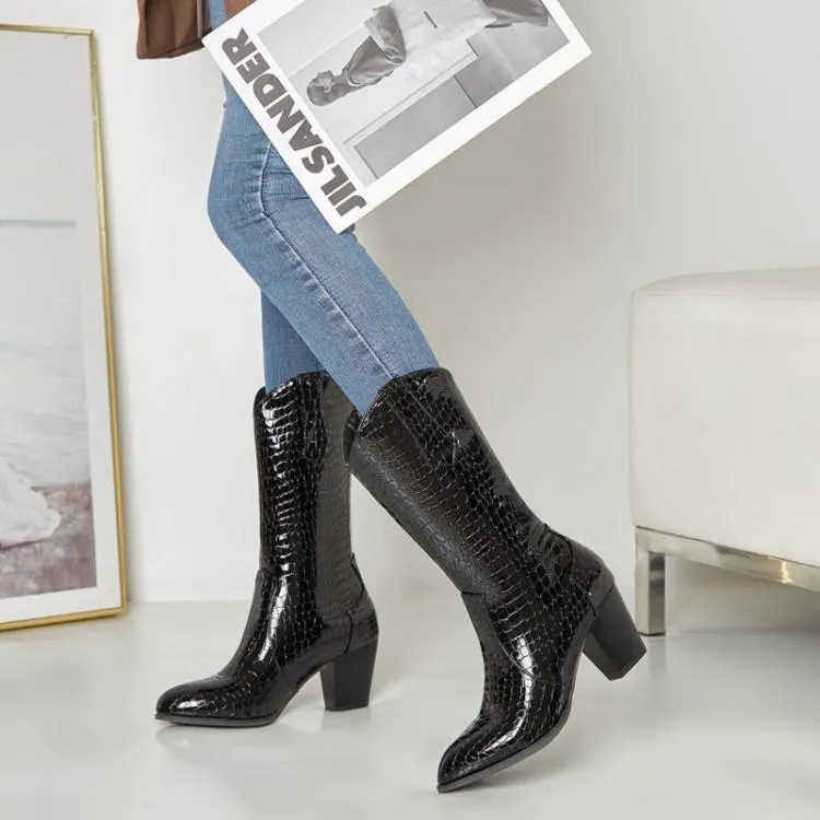 Toe tjock mellersta casual spetsiga klackar Mid-Calf Boots Knight Pu Leather Slip-On High Bootas Versatile Autumn Winter Travel 711