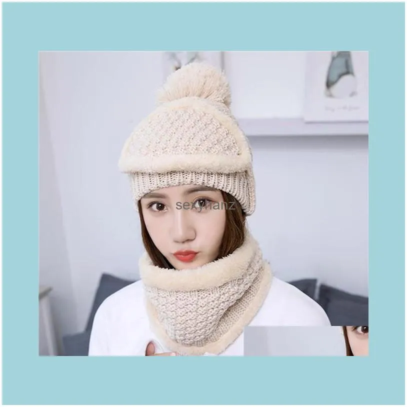 New Beanies Hat Women Sets 3 Knit Skullies Hats With Bib Mask Female Winter Velvet Thick Warm Knitted Wool Cycling Caps