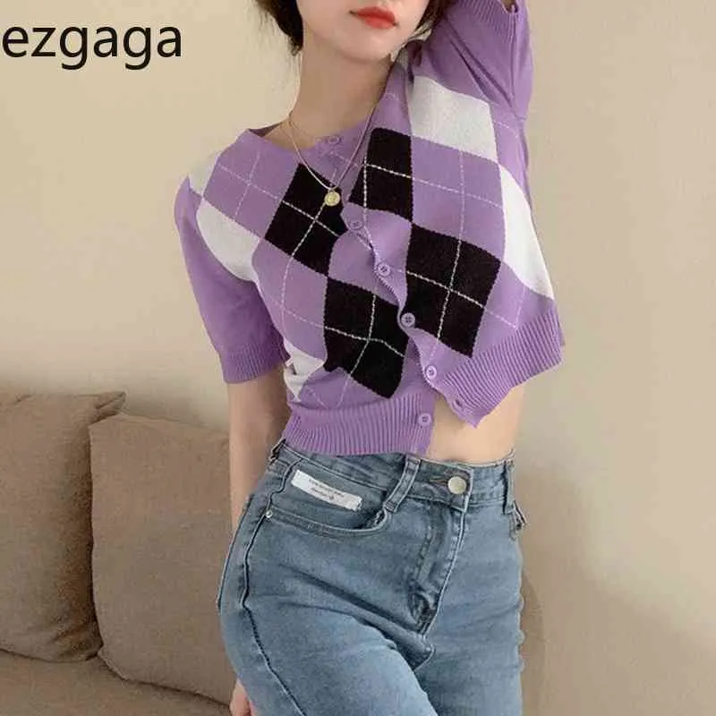 Ezgaga Vintage Plaid Crop Tops Women Knit Cardigan Argyle Thin Short Sleeve Spring Summer Single Breasted All-Match Fashion 210430