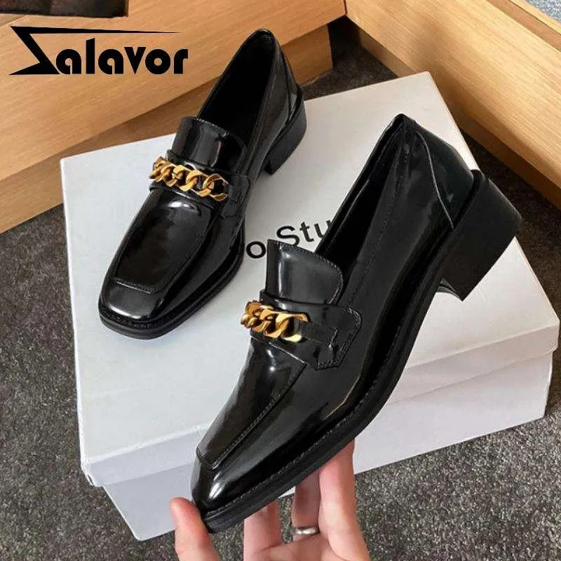 Dress Shoes ZALAVOR Fashion Real Leather Women Pumps Square Toe Thick Heel Slip On Chain Decoration Ladies Footwear Size 33-40