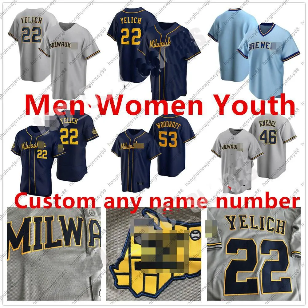 Personnalisé 2021 Hommes Femmes jeunes Jersey 27 ADAMES 22 Christian Yelich 8 Ryan Braun 12 Justin Smoak Lorenzo Robin eric yardley Brasseurs Maillots de Baseball