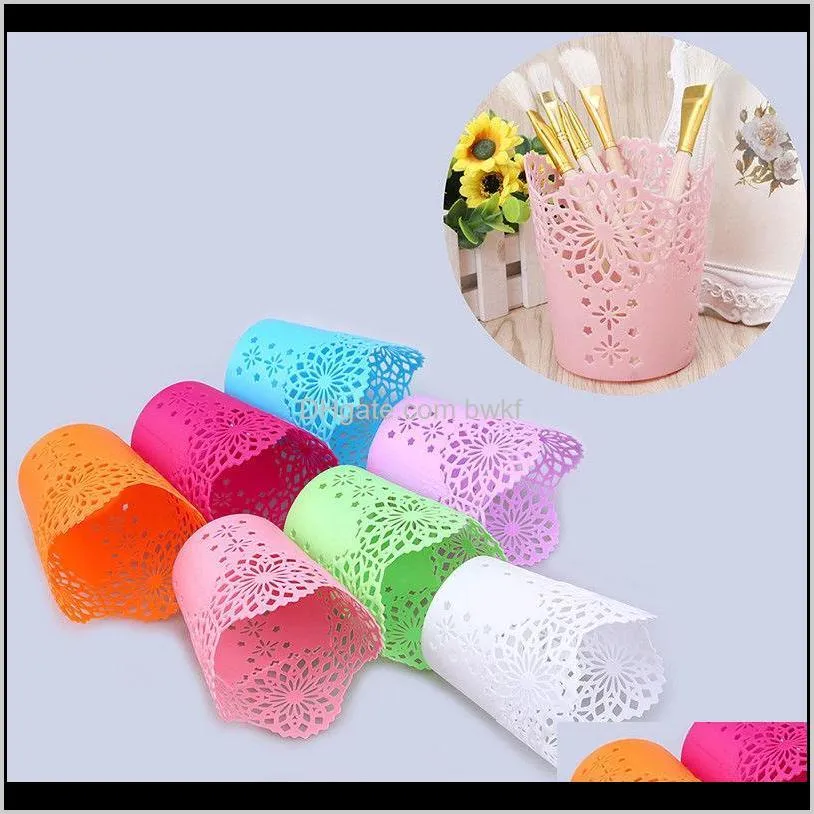 7 color newest lace hollow out makeup brush pen storage holder desk organizer flower vase pot