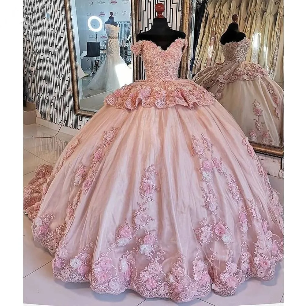 2022 Pink Ruffles Handmade Flowers Ball Gown Quinceanera Dress Off The Shoulder Short Sleeve Appliques Lace Vestidos De 15 16 Años