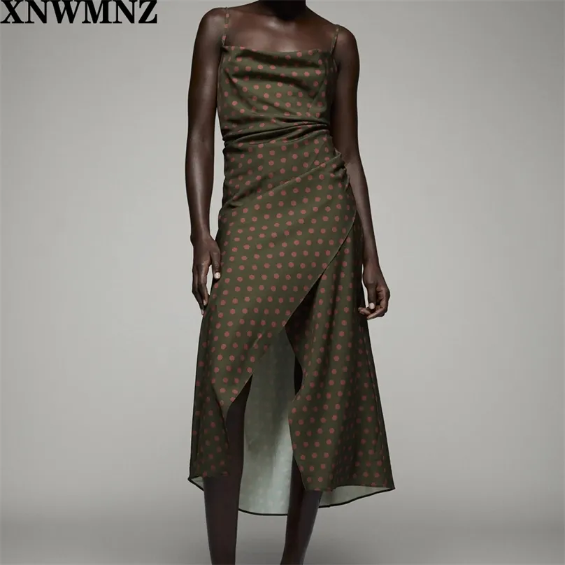 femmes mode robe camisole à pois femme col bénitier fines bretelles Wrap-style côté collecte ourlet fendu midi 210520