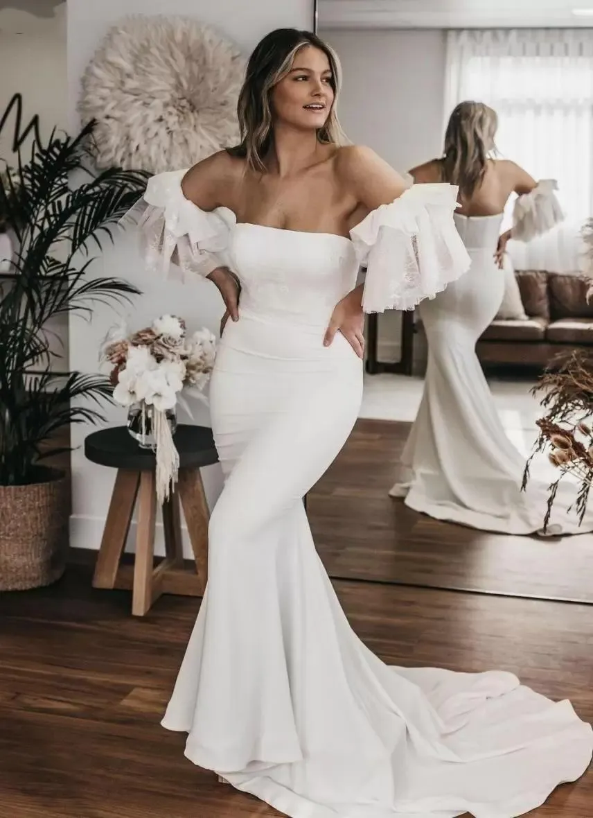 Abiti da sposa a sirena semplici e moderni con maniche rimovibili Abiti da sposa Manica corta Cerniera sul retro Senza spalline Sweep Train Abito formale Abito su misura Robe De Mariage