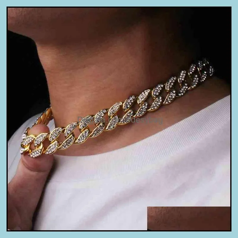 Bling Rhintone Golden Finish  Cuban Link Chain Necklace Men`s Hip hop Necklace Jewelry