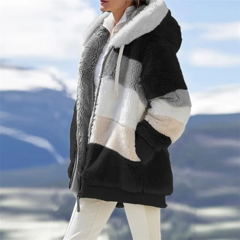 Vinter Kvinnors Coat Mode Casual Stitching Plaid Ladies Kläder Hooded Zipper Warm Cashmere Kvinnor Jacka 211014