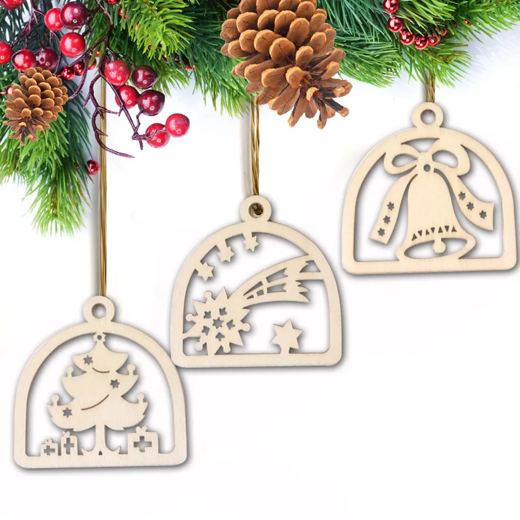 Creative Wood Crafts Christmas Tree Decoration Small Pendants Custom Laser Graved Hollow Products Dh8687