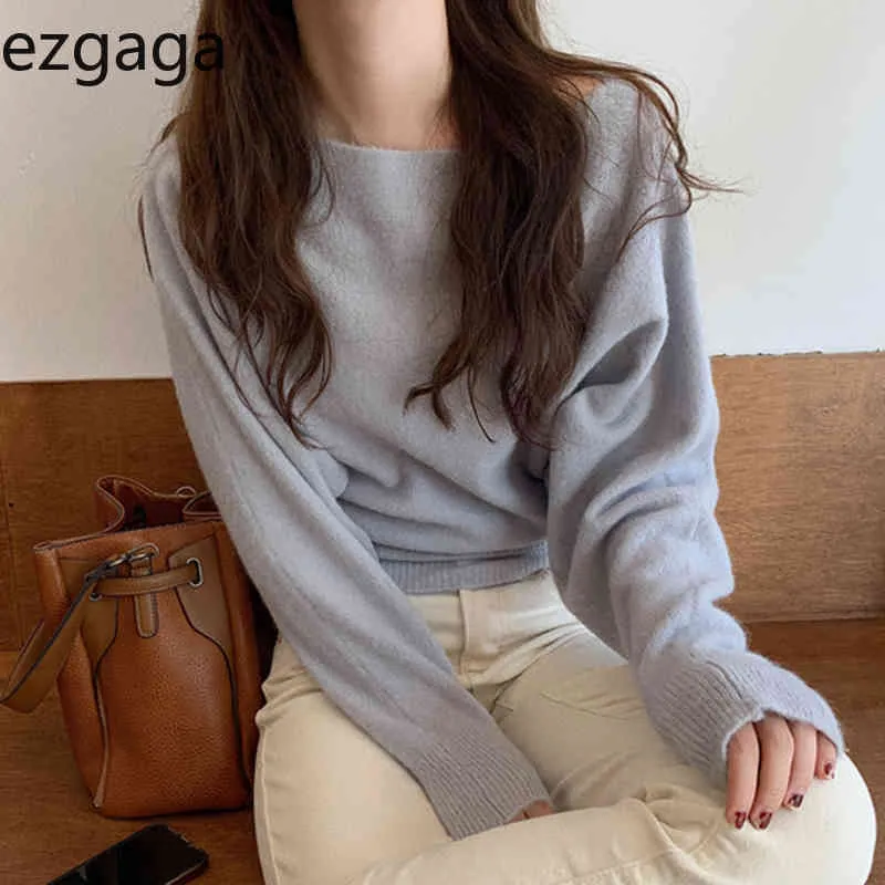 Ezgaga Tender Trui Pullover Office Dame Elegante Mode Chique Slash Neck Solid Herfst Winter Losse Knit Tops All-match Jumper 210430