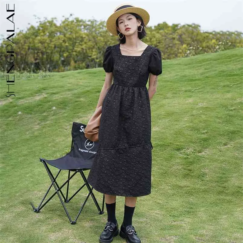 Vestido negro de jacquard para mujer de verano con cuello cuadrado y cintura abullonada de manga corta a media pantorrilla vestidos marea femenina 5E276 210427