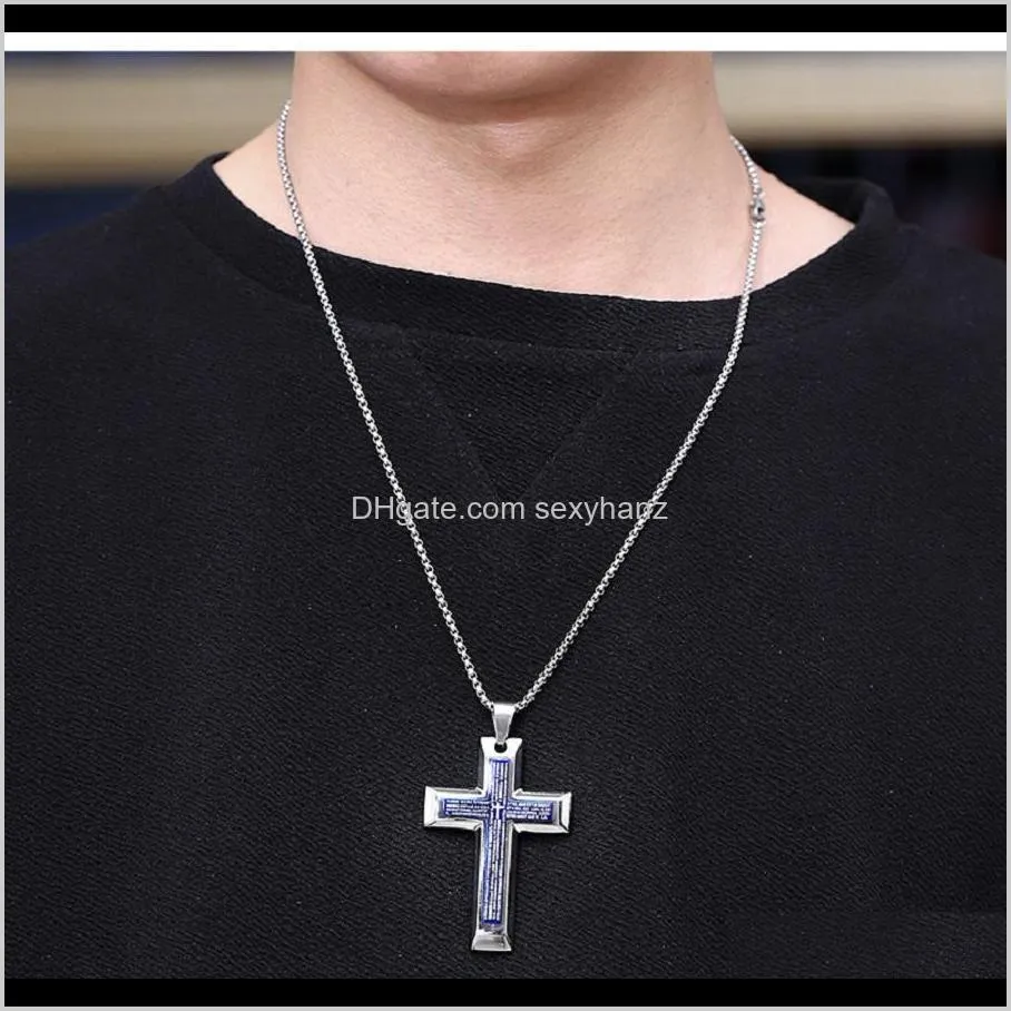 Men Cross Pendant Necklace Stainless Steel Silver Chain Fashion Jewelry Blue Black Double Bible Design Punk Hip Hop Mens For Gift