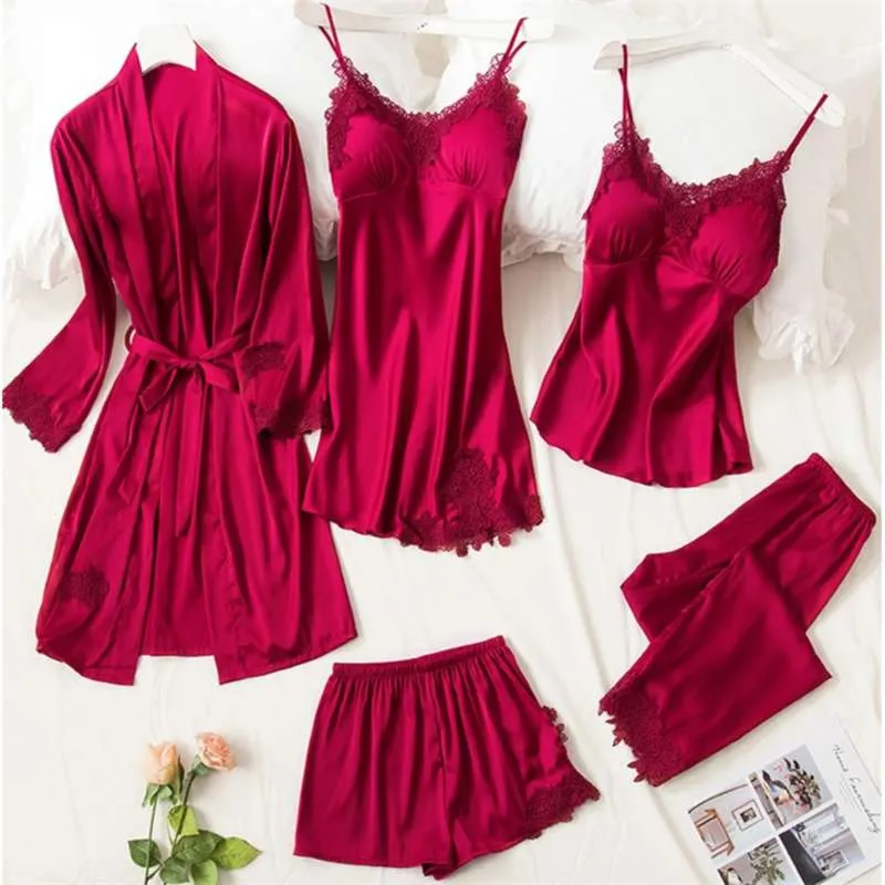 5PCS Robe Sleep Suit Pajamas Set Sexy Lace Stain Red Pajamas Women Silk Pyjamas Dressing Gown Summer Robe Sleepwear Chest Pads 210928