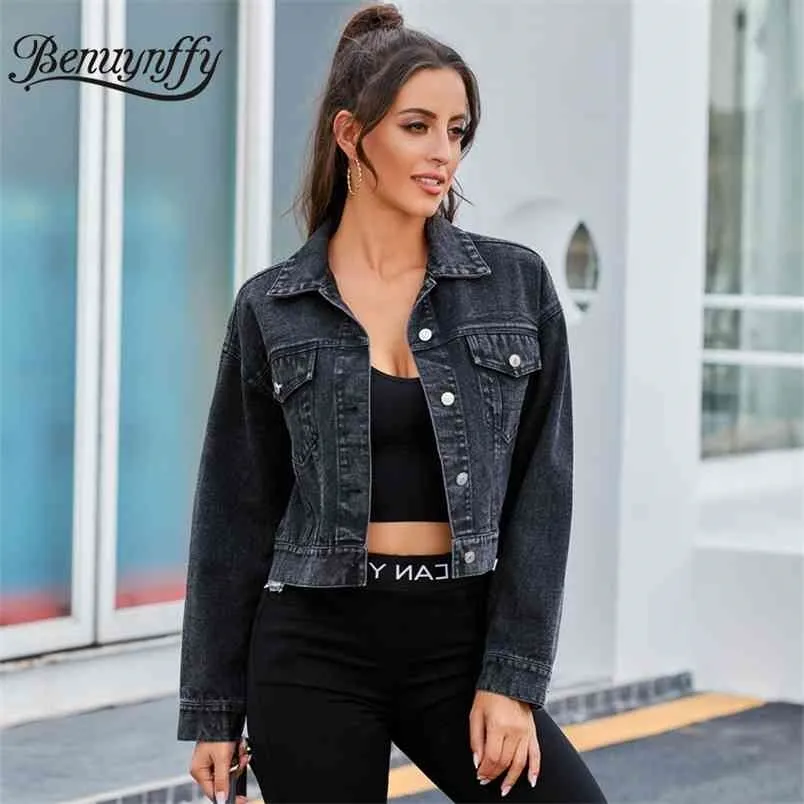 Spring and Autumn Black Denim Jacket Women Single-breasted Long Sleeve Crop Female Outerwear Jean Coats 210510