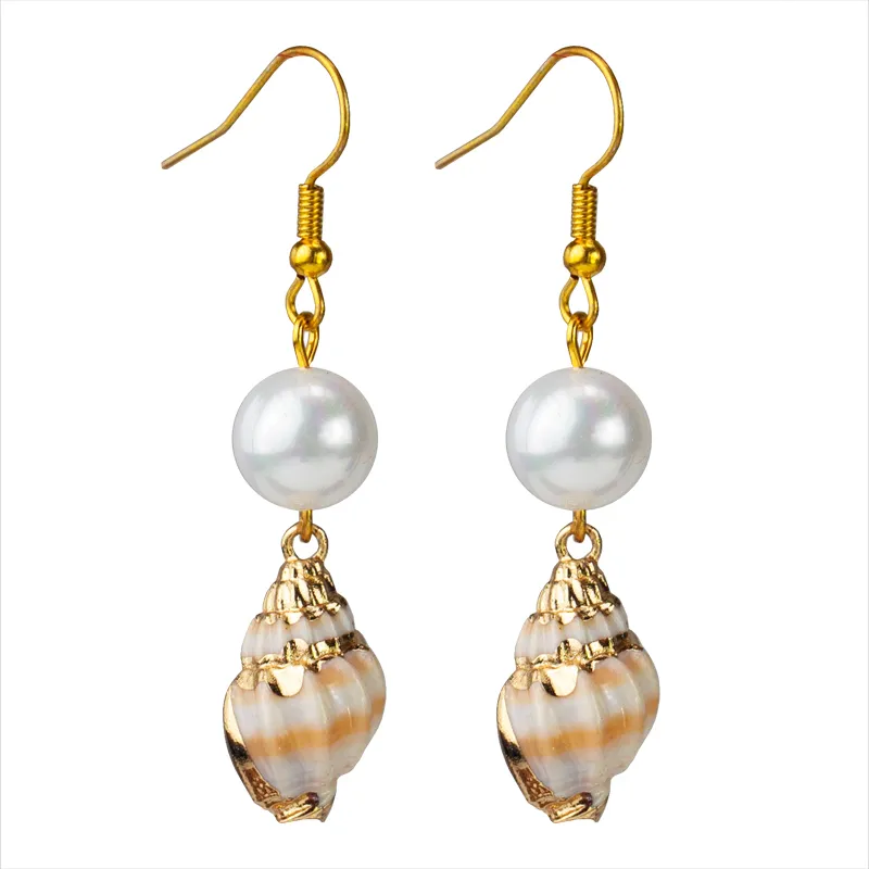 Moda Afigamento Banhado Ouro Natural Conch Shell Feminino Brincos Pingente Jóias