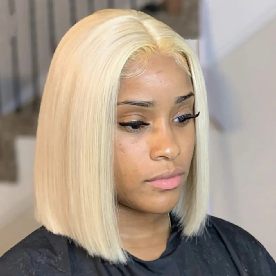 613# Lace Front Pruiken voor vrouwen voorafgeplukt rechte blonde Braziliaans mensenkleurige korte bob -pruik