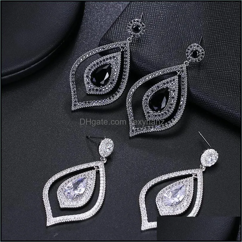 Dangle & Chandelier EMMAYA Shiny Leaf Shaped Dangling Big CZ Bridal Black Crystal Long Drop Earrings For Women Wedding Fashion Jewelry