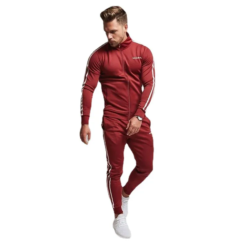 Jogger TRACKSUITS MENS Slim Gym Passar sida Striped Zipper Toppar Hoodies Långbyxor Outfits 2 st Hommes Montering Aktiv