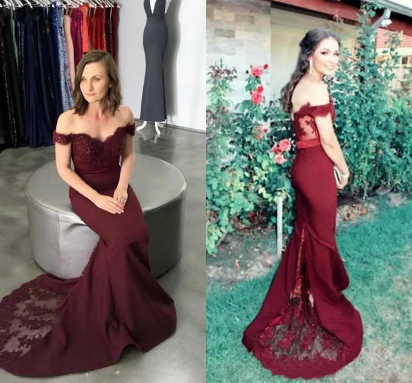 2021 Sexy Burgundy Beads Sequined Mermaid Prom Dresses Evening Dresses Lace Applique Off Shoulder Floor Length Elegant Formal Dresses