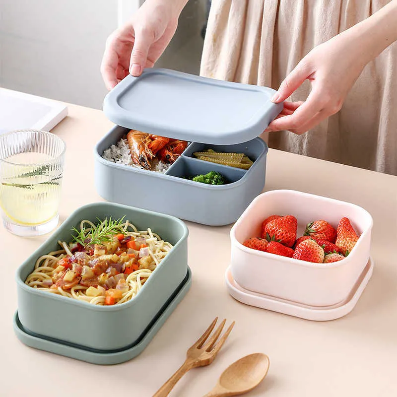 Silikon-Bento-Box, Bento-Lunchbox für Kinder und Erwachsene, Mikrowellen-Lunchbehälter mit 3 Fächern 210925