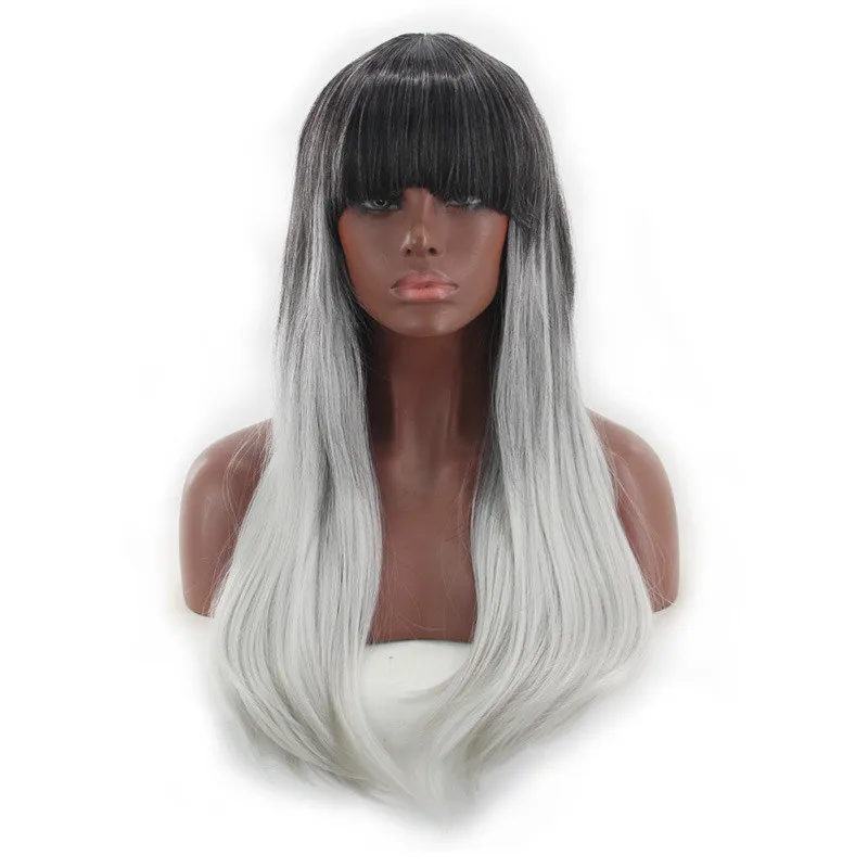 26 ~ 28 inches recht synthetische pruik met pony simulatie menselijk haar cosplay pruiken perruques de cheveux humains c0240