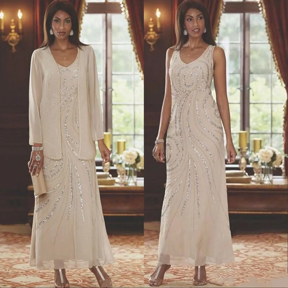 Abiti eleganti per la madre in chiffon con scollo a V abiti 2022 Abiti per invitati a un matrimonio con perline in due pezzi Lunghezza alla caviglia Abito per la madre della sposa con giacca a maniche lunghe