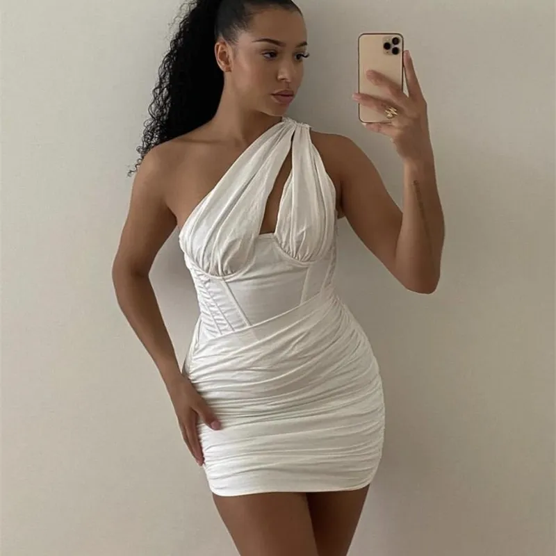 Mulheres Verão Sexy Um ombro Branco Bodycon Dress Elegante Night Club Prom Celebrity Party Vestido 210527