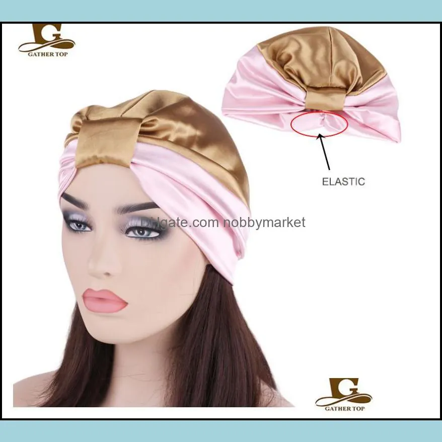 Stain Silk Bonnet Sleeping Cap Set Turban Elastic Wide Band Satin Bonnet Knotted Hair Loss Cap Night Sleep Hat Head Cover for Long