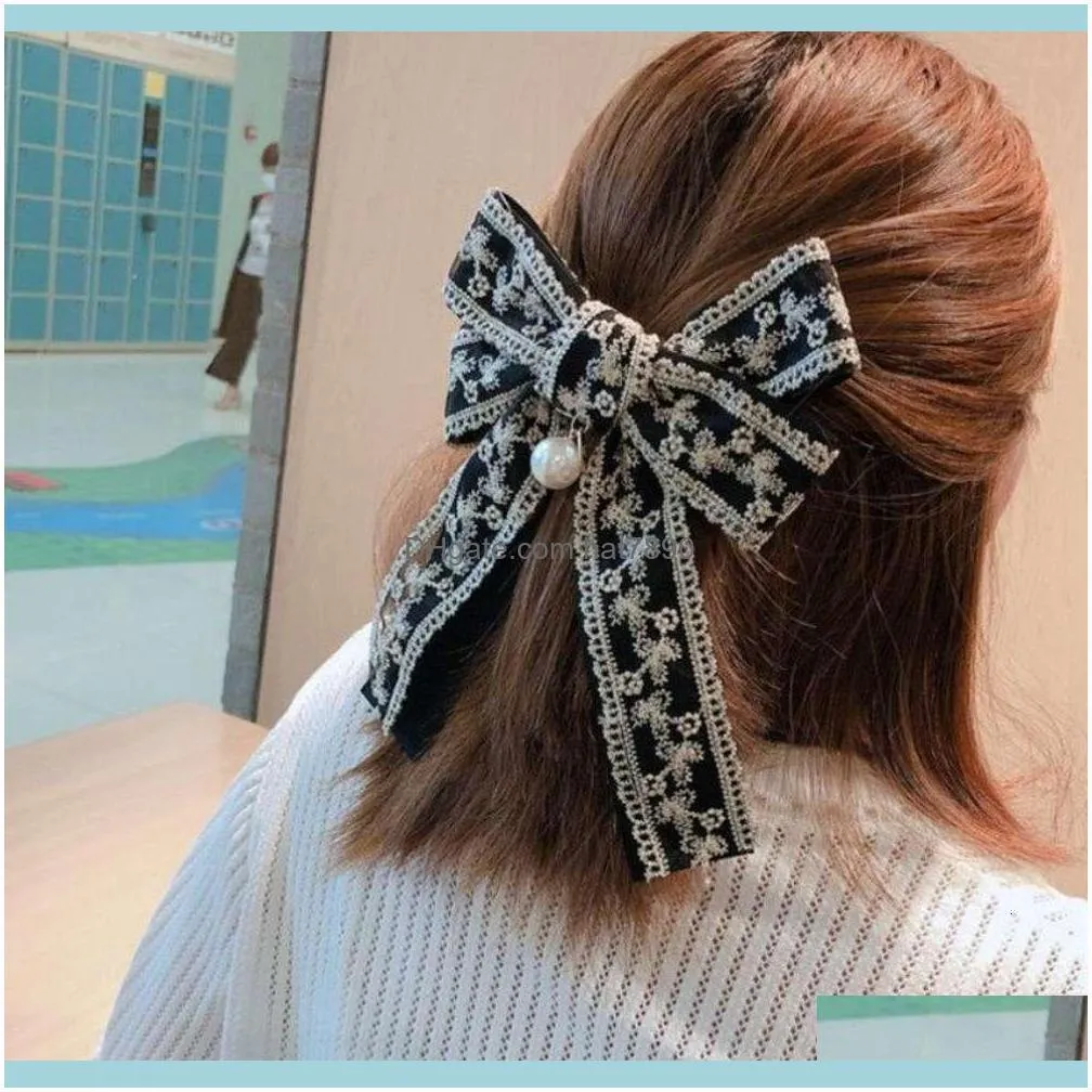 Korean Fabric Big Bow Spring Clip Lady Lace Embroidery Hair grip Holiday Gifts Women Pins Wedding Accessories