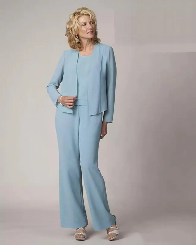Three Piece Chiffon Mother Of The Bride Pant Suits With Jacket Jewel Groom Mothers Formal Party Wear Long Sleeves Plus Size Wedding Guest Dresses Custom Made