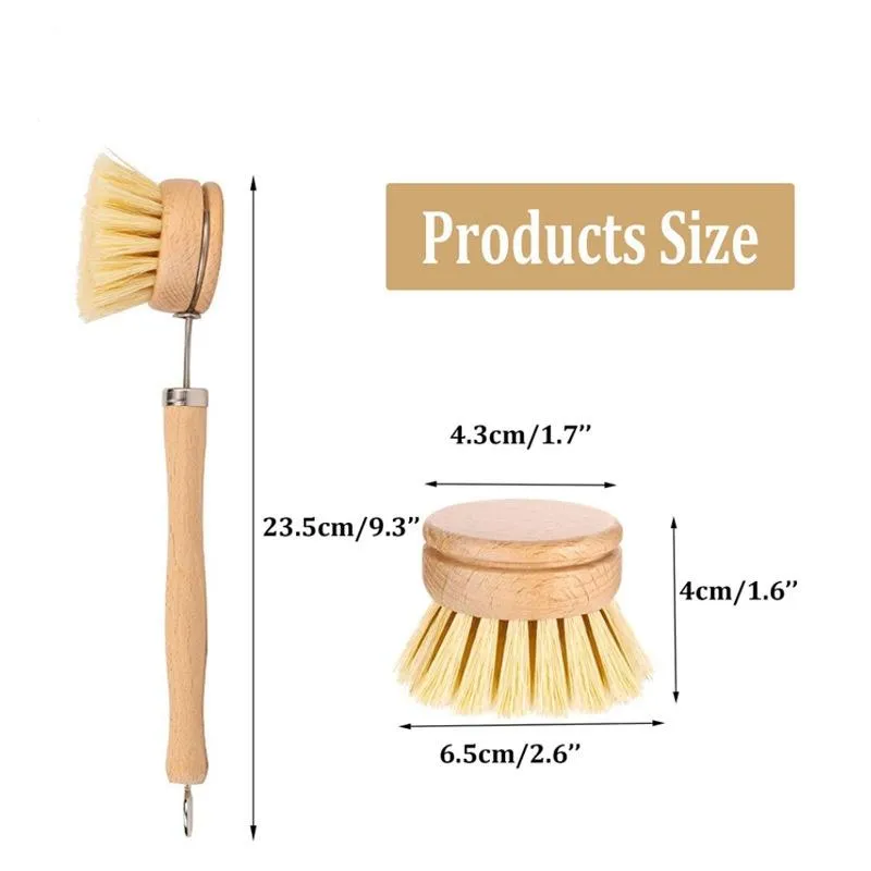Natural Wooden Long Handle Pan Pot Brush Dish Bowl Washing Cleaning Brush Heads Household Kitchen Cleaning Tools DH9586