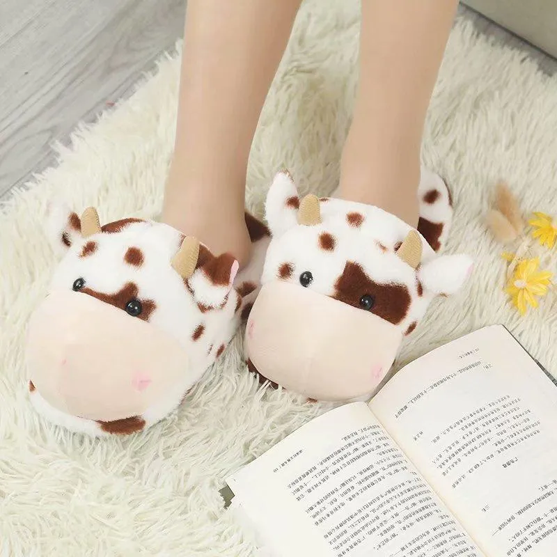 Arrivée 2021 mignon en peluche doux vache floue ANIMAL femmes pantoufles dames maison chambre