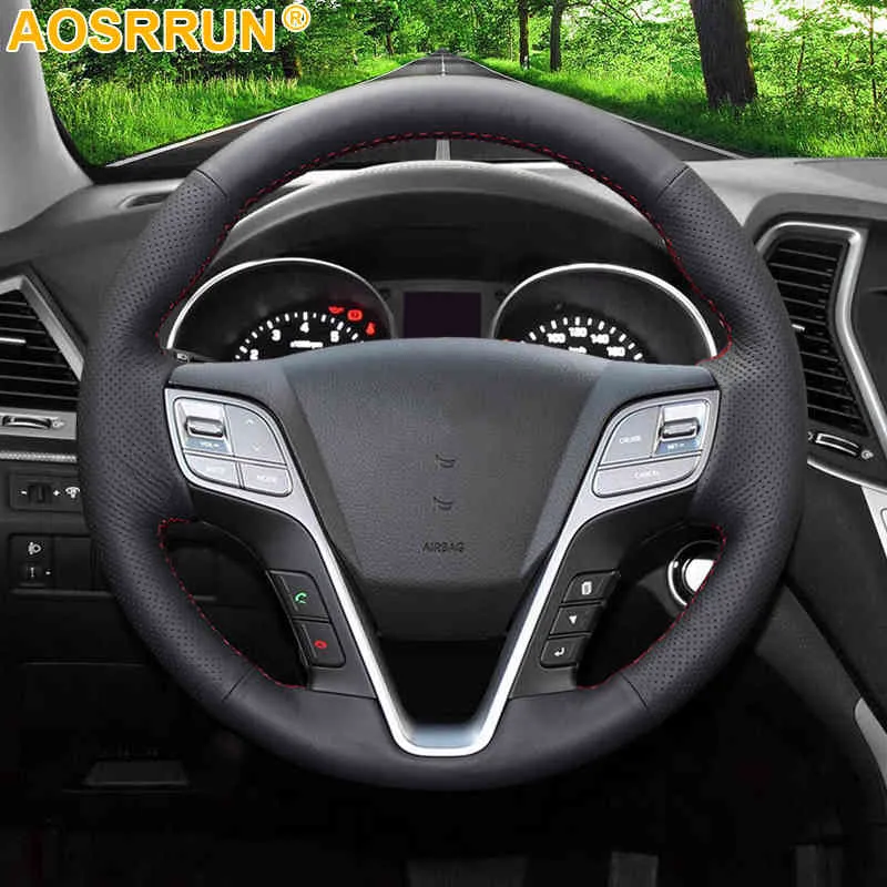 AOSRRUN Black Leather Hand Stitched Steering Wheel Cover For Ix45 Santa